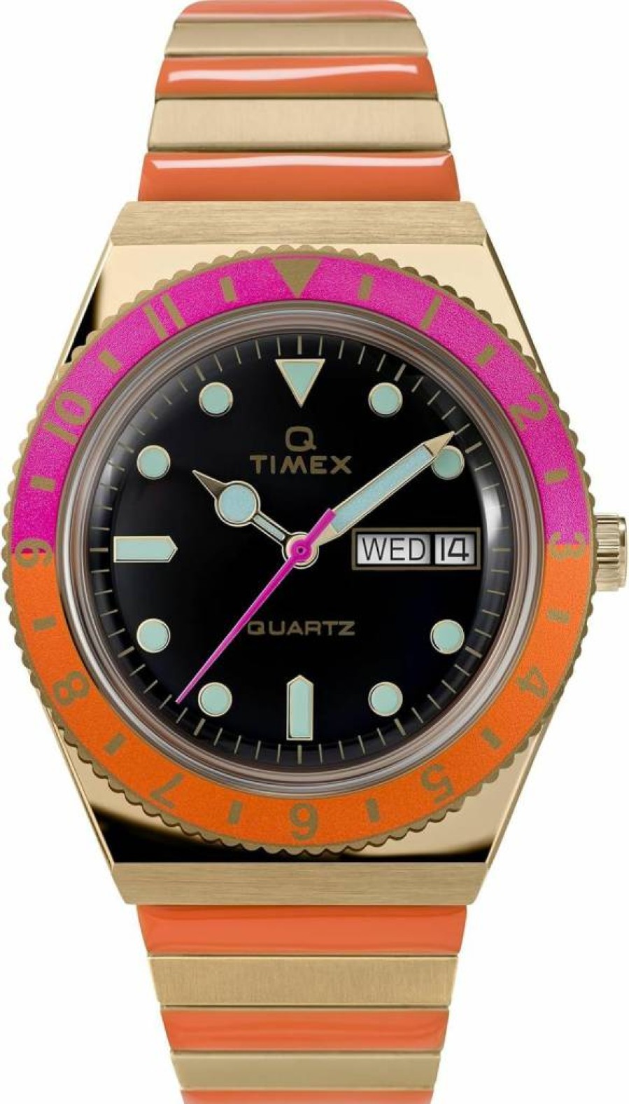 Timex Q Malibu 36mm Women's Gold-Tone Watch with Black Dial & Orange Accents - Stainless Steel Expansion Band