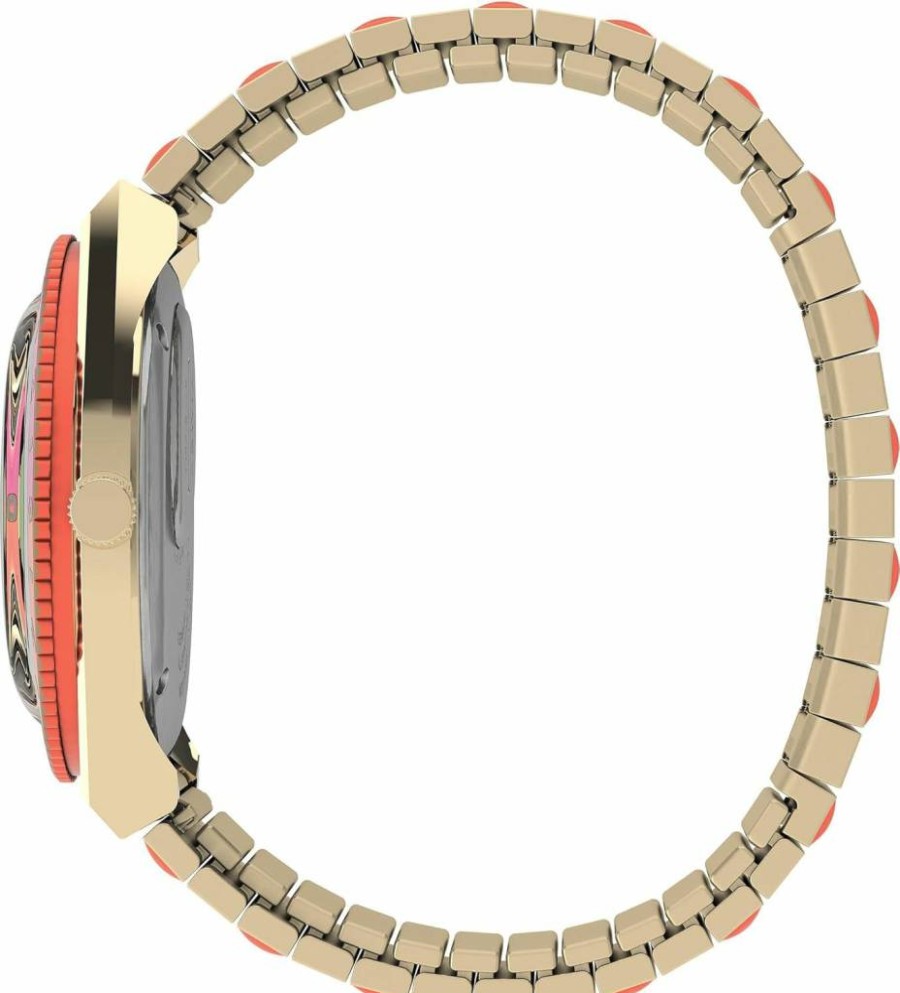 Timex Q Malibu 36mm Women's Gold-Tone Watch with Black Dial & Orange Accents - Stainless Steel Expansion Band
