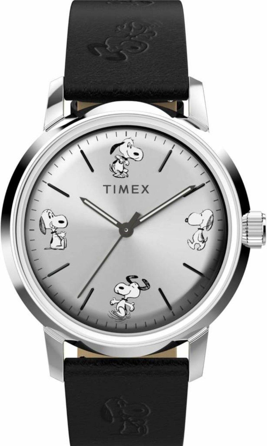 Timex Men's Marlin Automatic Watch - Peanuts Snoopy Sketch Dial, Black Leather Strap, Stainless Steel Case, 40mm Silver-Tone