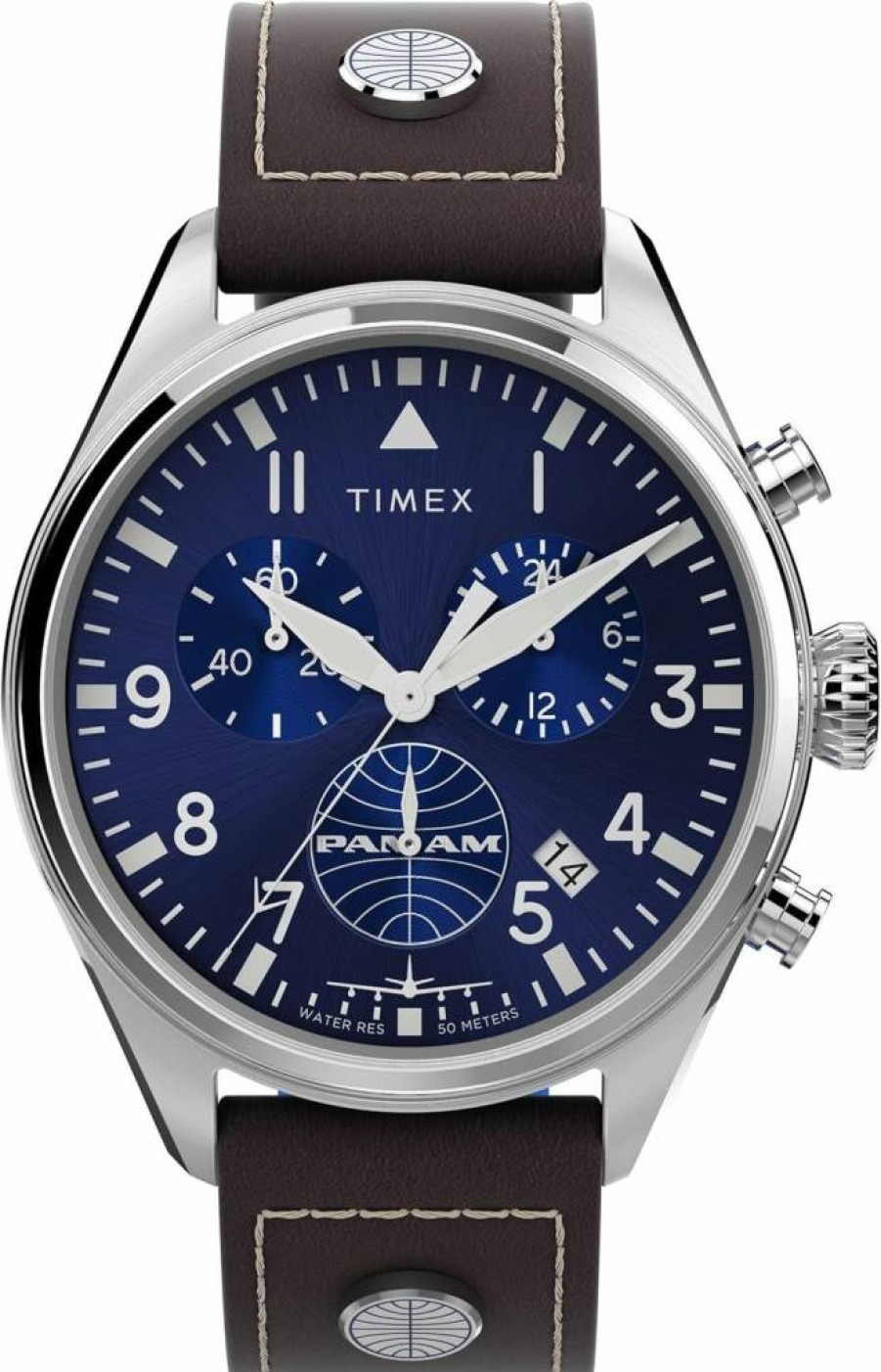 Timex Men's X Pan Am Chronograph 42mm Stainless Steel Watch with Leather Strap