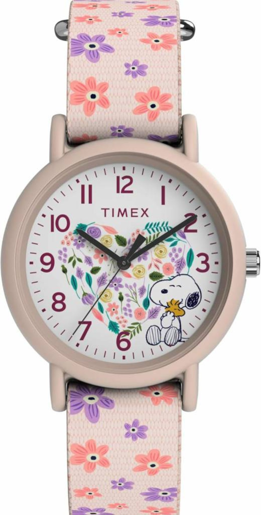 Timex Unisex Peanuts Floral 34mm Pink Strap White Dial Watch - Snoopy Collection