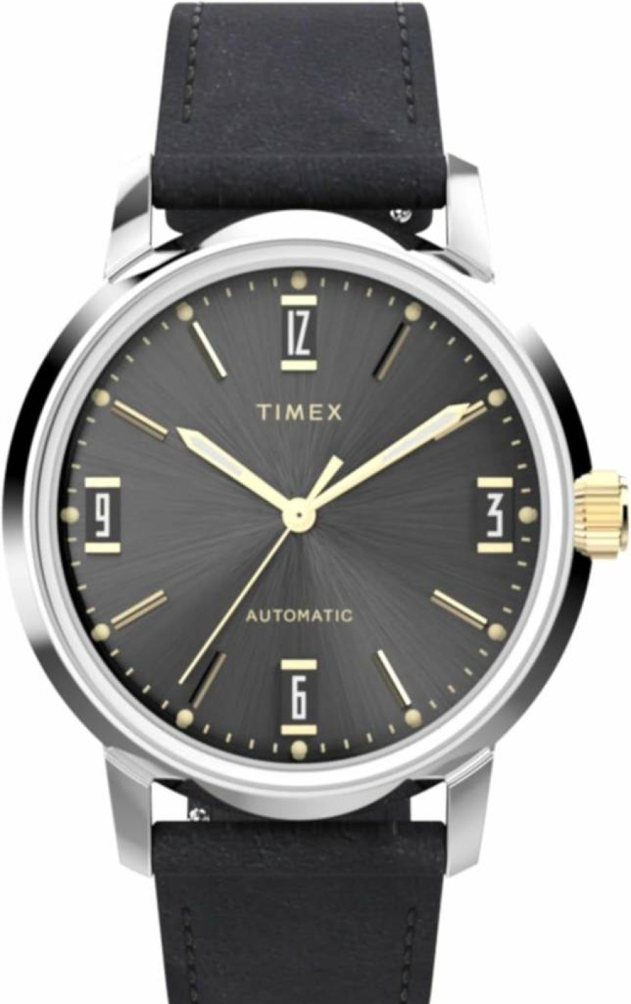 Timex Men's Marlin Automatic 40mm Black Dial Stainless Steel Watch with Black Leather Strap
