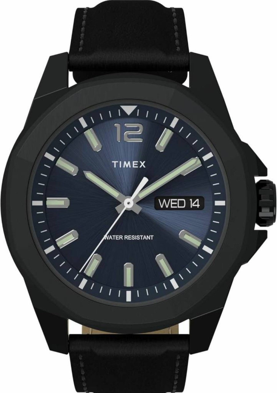 Timex Men's Essex Avenue 44mm Day-Date Quartz Watch with Leather Strap