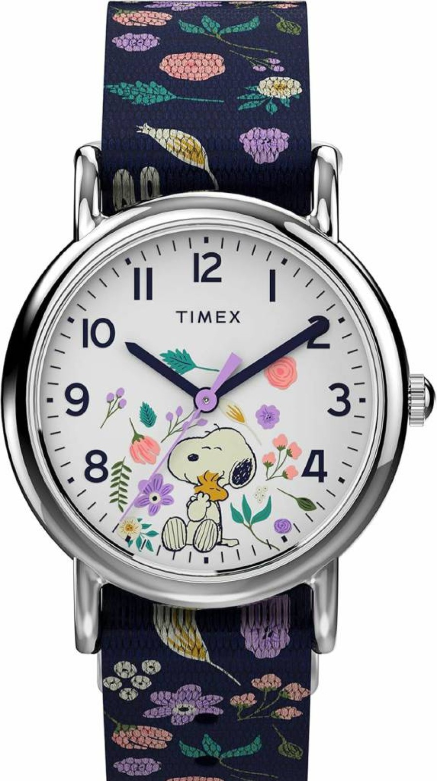 Timex Women's Weekender Peanuts Watch with Snoopy & Woodstock Floral Design - 31mm Silver-Tone Case & Blue Fabric Strap - Casual Ladies Wristwatch
