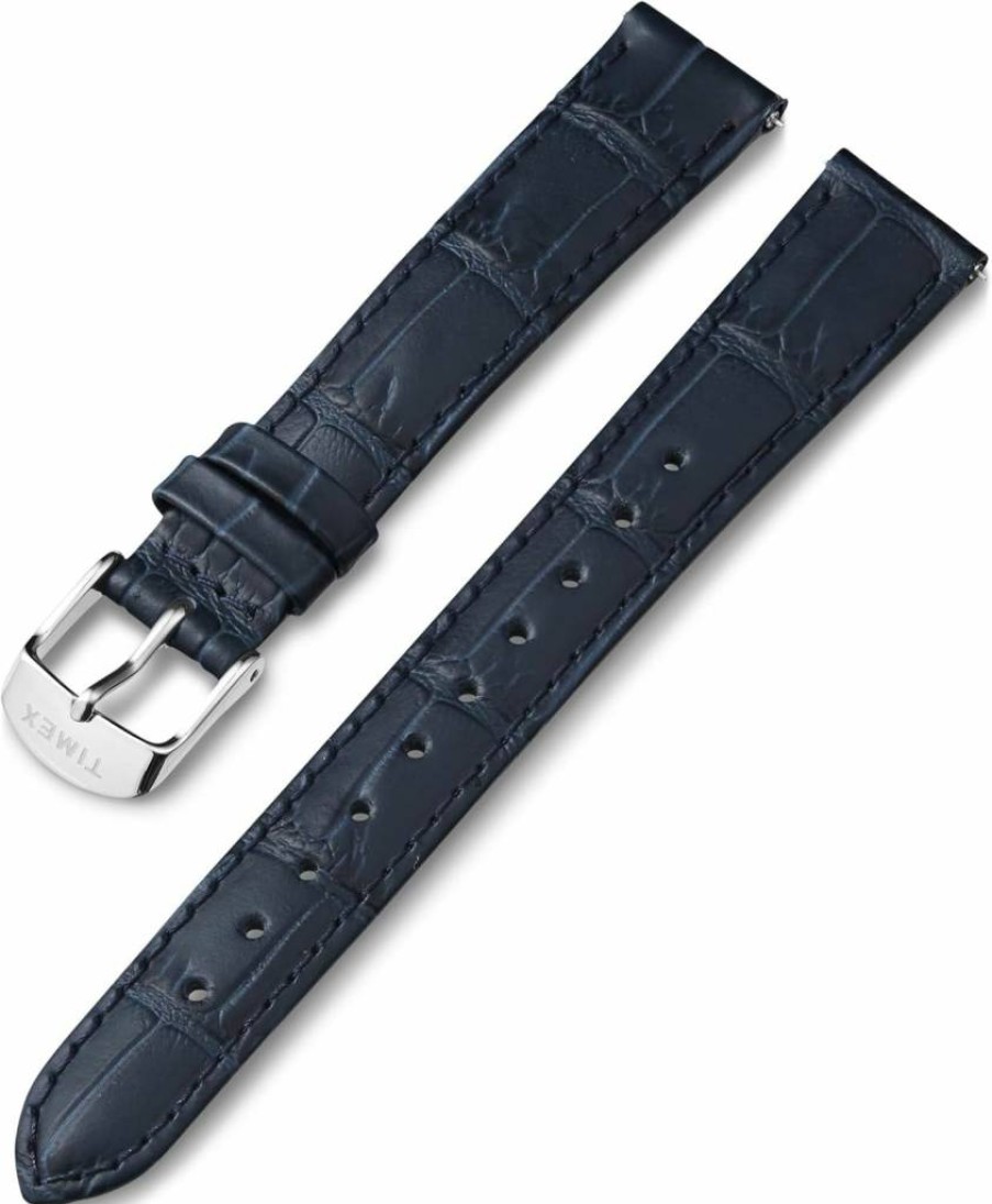 Timex Genuine Leather Watch Strap - 16mm Blue Leather Band with Silver-Tone Buckle for Men & Women
