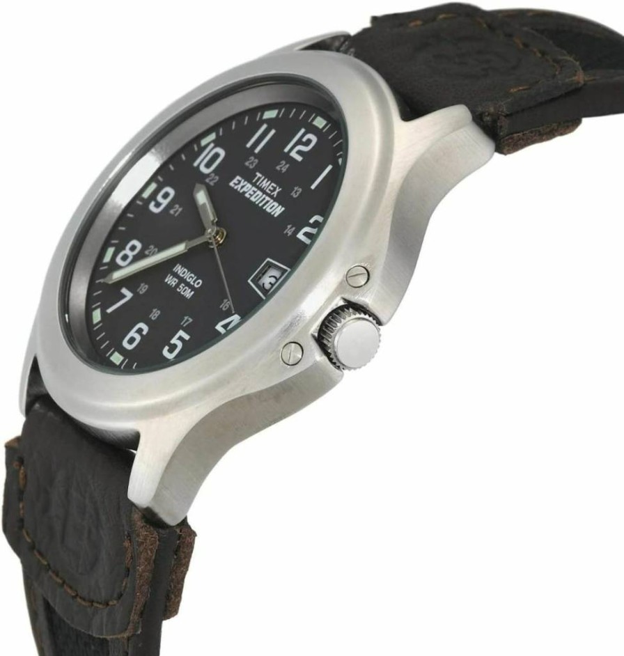 Timex Expedition 39mm Men's Analog Watch with Brown Leather Strap, Indiglo Backlight, Luminous Hands, 24-Hour Time, Date Function, 50M Water Resistance - Rugged Outdoor Watch