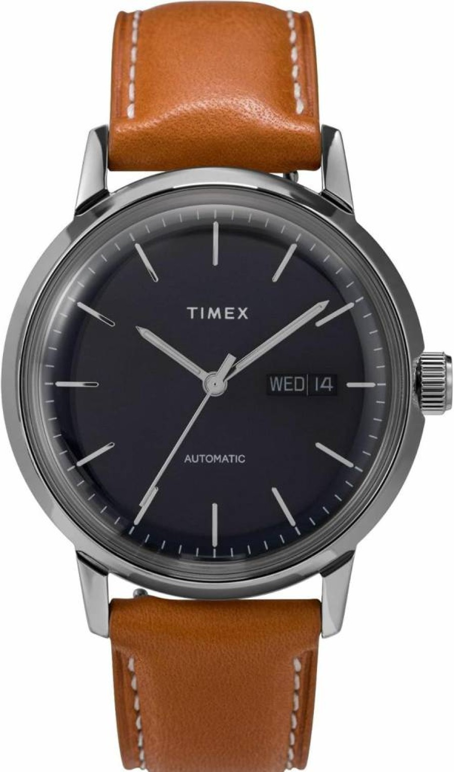 Timex Marlin Automatic 40mm Watch - Silver Case, Blue Dial, Tan Leather Strap