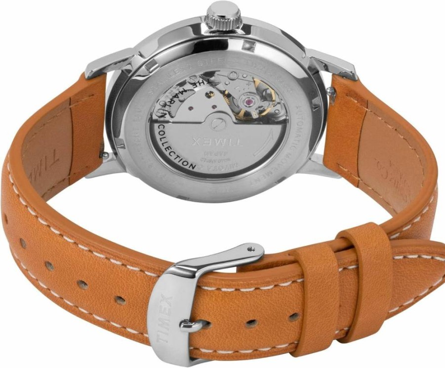 Timex Marlin Automatic 40mm Watch - Silver Case, Blue Dial, Tan Leather Strap