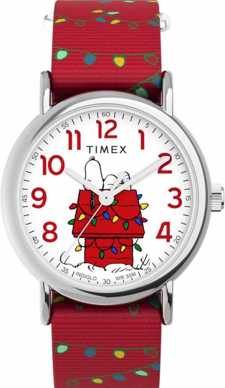 Timex Women's Weekender Peanuts Holiday Watch - 38mm Red Strap, White Dial, Silver-Tone Case