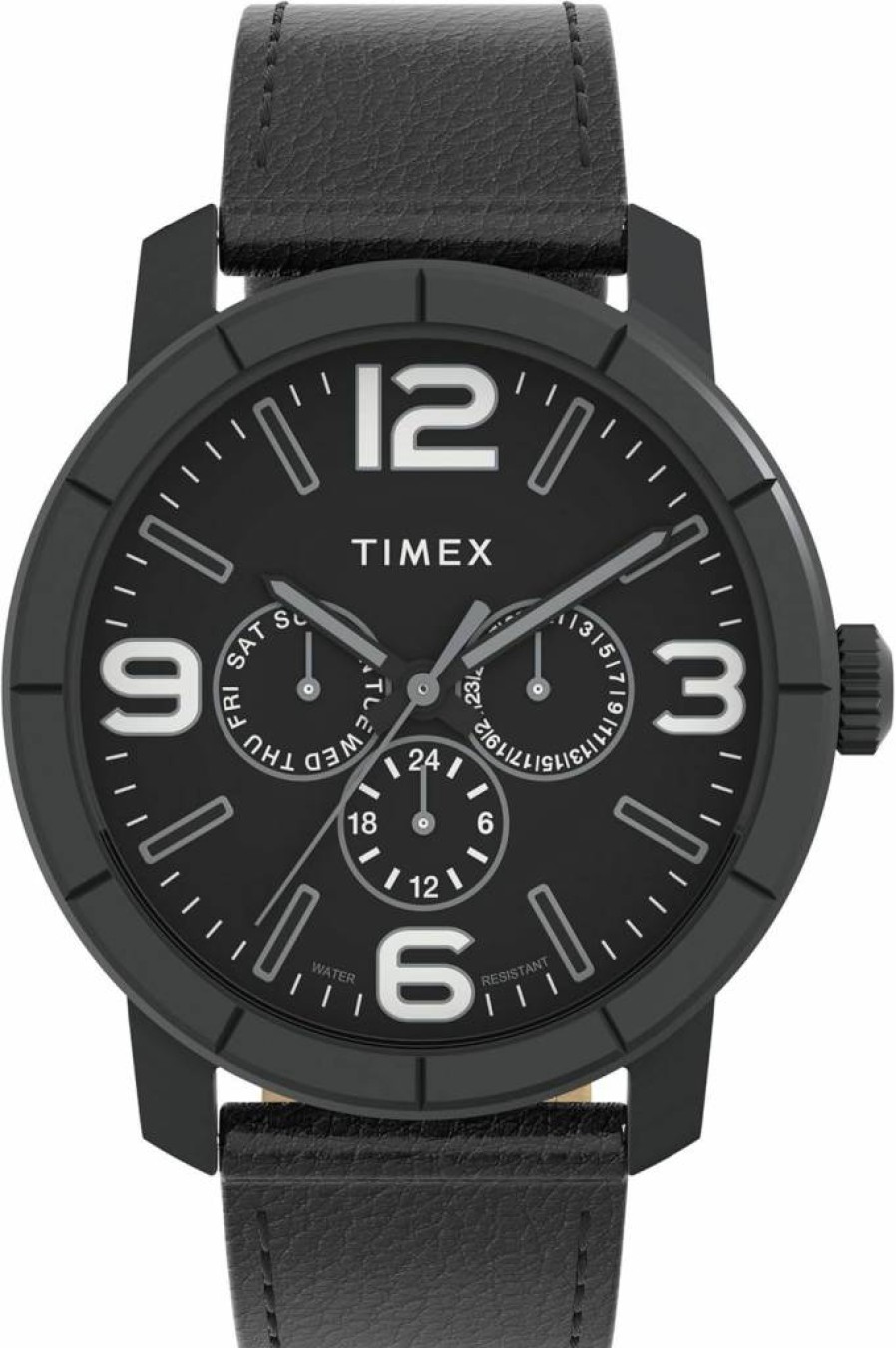 Timex Men's Mod 44mm Black Stainless Steel Watch with Black Dial and Leather Strap