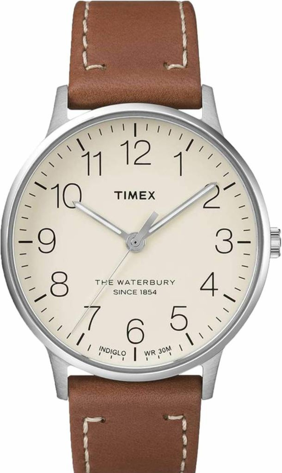 Timex Men's Waterbury Classic 40mm Silver-Tone Cream Dial Brown Leather Strap Watch