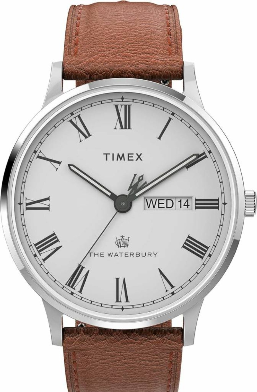 Timex Men's Waterbury Classic Day-Date 40mm Silver-Tone Watch with White Dial & Genuine Caramel Leather Strap