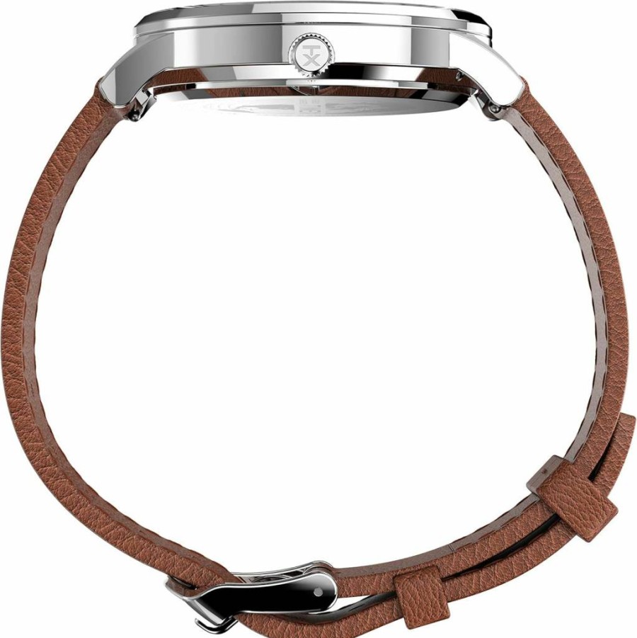 Timex Men's Waterbury Classic Day-Date 40mm Silver-Tone Watch with White Dial & Genuine Caramel Leather Strap