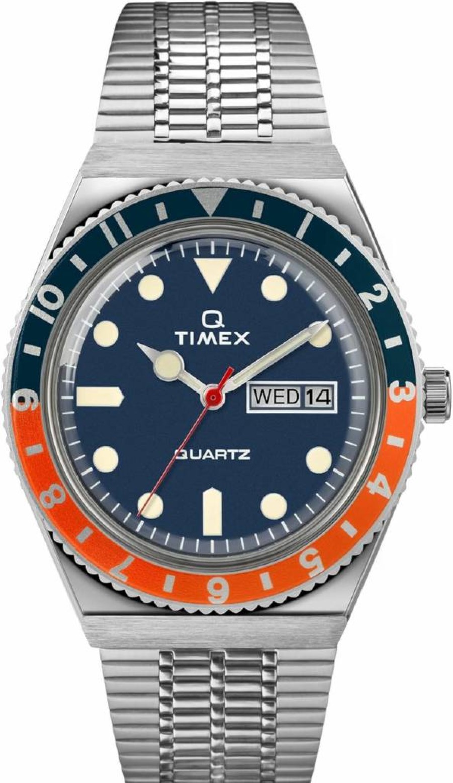 Timex Q Men's 38mm Blue & Orange Stainless Steel Watch with Silver-Tone Case and Bracelet