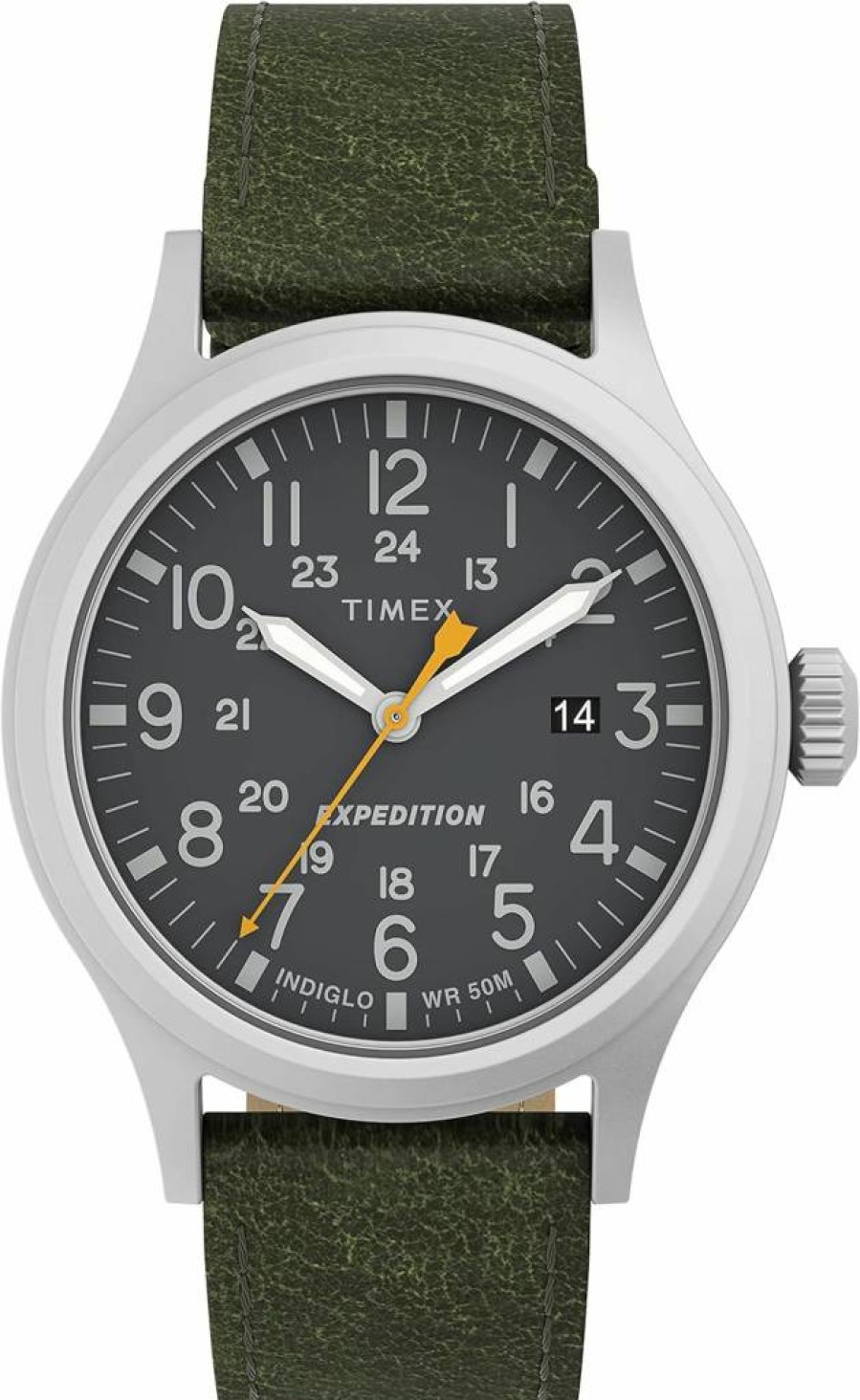 Timex Men's Expedition Scout 40mm Silver-Tone Stainless Steel Watch with Black Dial and Green Leather Strap