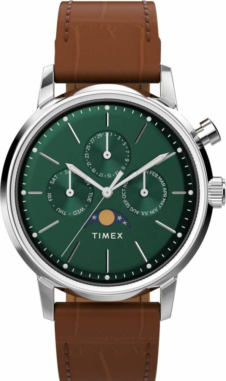 Timex Men's Marlin Moon Phase Watch - 40mm Stainless Steel Case, Green Dial, Brown Leather Strap