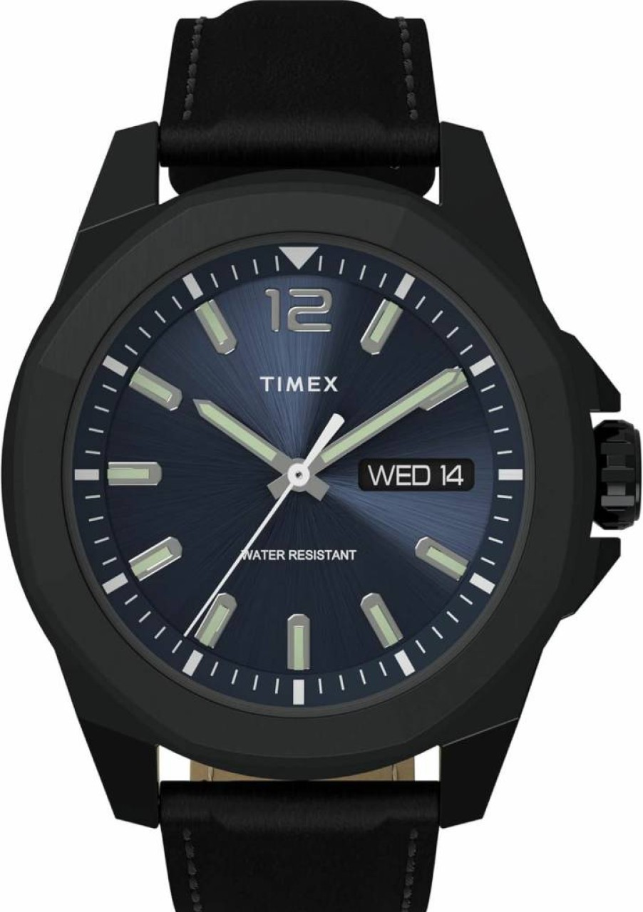 Timex Men's Essex Avenue 44mm Day-Date Quartz Watch with Leather Strap