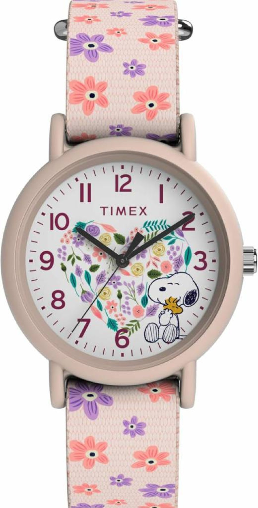 Timex Unisex Peanuts Floral 34mm Pink Strap White Dial Watch - Snoopy Collection