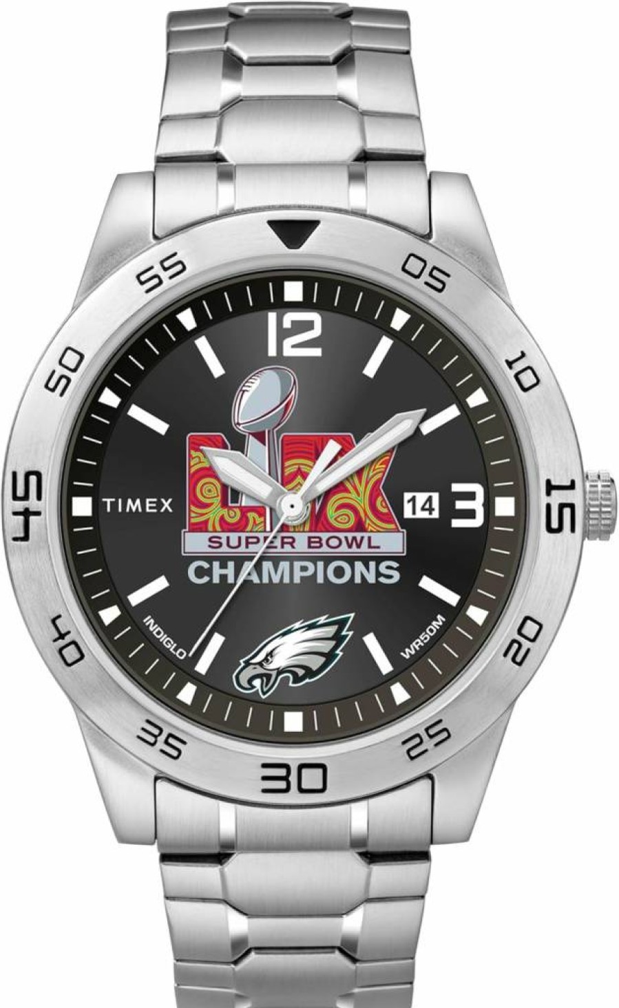 Timex Tribute Men's Philadelphia Eagles Super Bowl Champions 42mm Silver-Tone Watch with Black Dial & Expansion Band