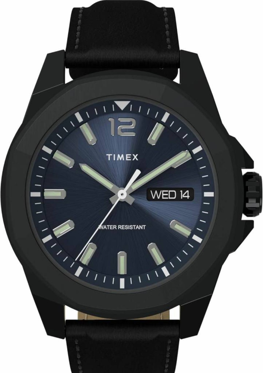 Timex Men's Essex Avenue 44mm Day-Date Quartz Watch with Leather Strap