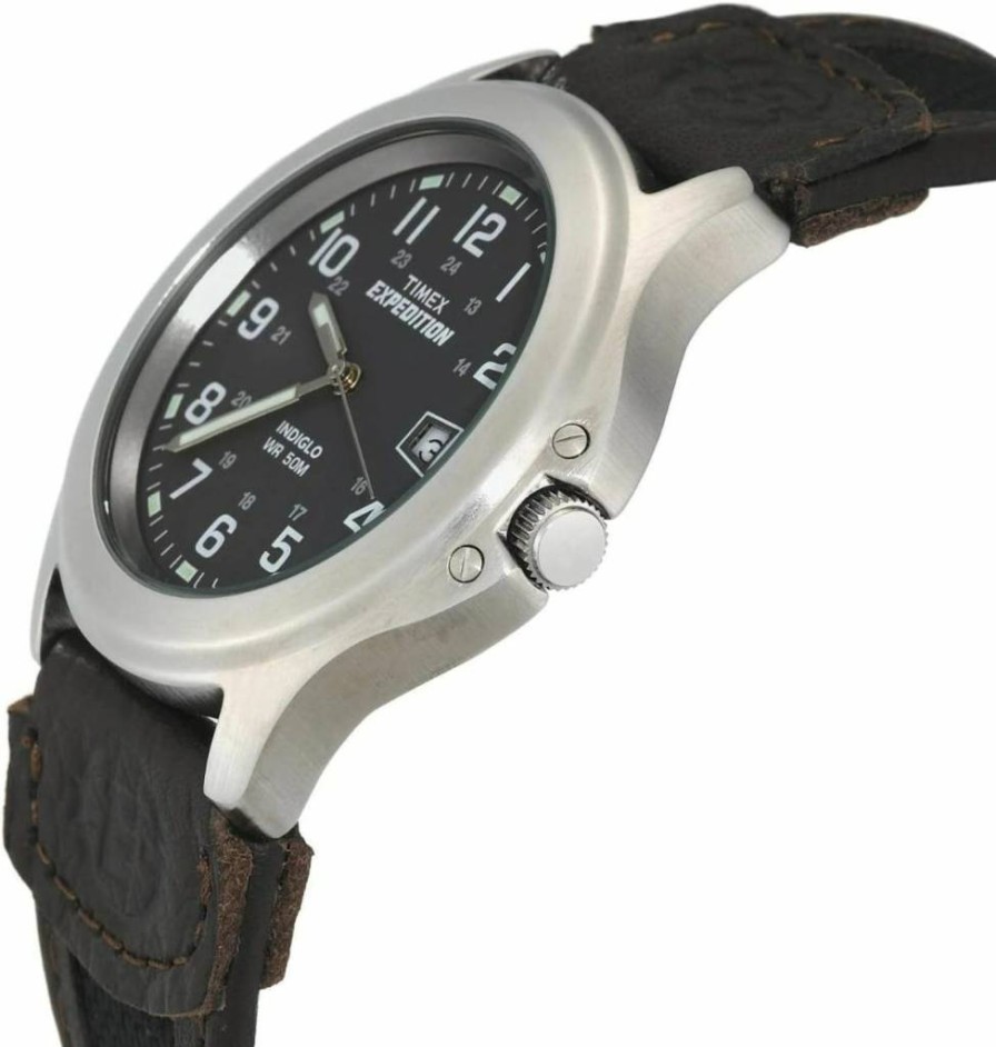 Timex Expedition 39mm Men's Analog Watch with Brown Leather Strap, Indiglo Backlight, Luminous Hands, 24-Hour Time, Date Function, 50M Water Resistance - Rugged Outdoor Watch