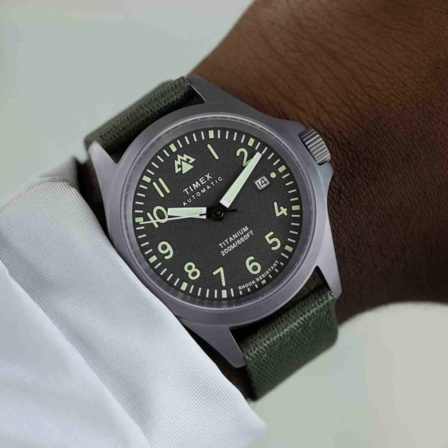 Timex Men's Expedition North Titanium Automatic Watch - 41mm Green Strap, Gray Dial, Titanium Case