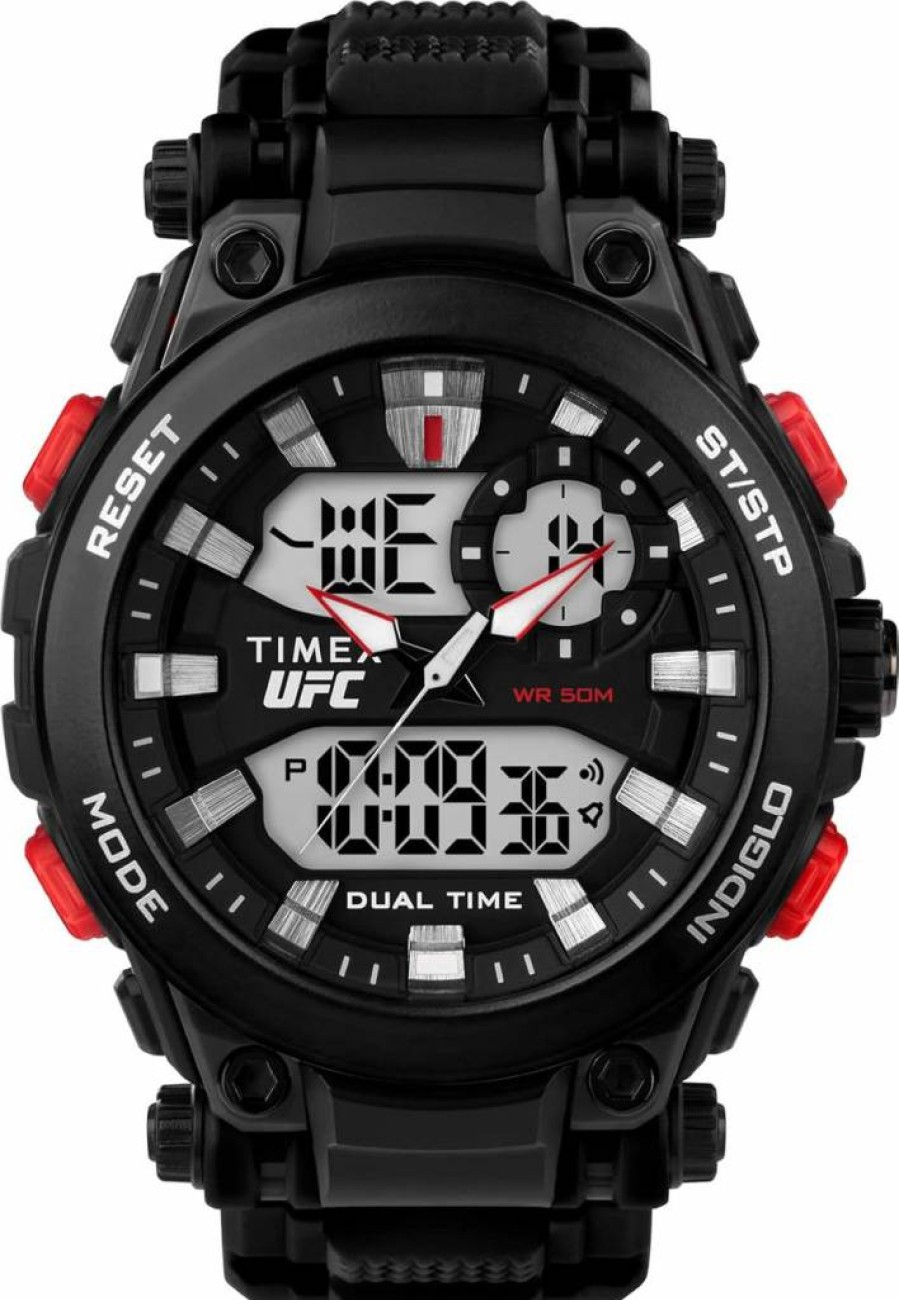 Timex UFC Men's Impact 50mm Stainless Steel Watch with Resin Strap - Black Dial, Water Resistant
