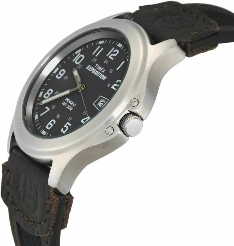 Timex Expedition 39mm Men's Analog Watch with Brown Leather Strap, Indiglo Backlight, Luminous Hands, 24-Hour Time, Date Function, 50M Water Resistance - Rugged Outdoor Watch