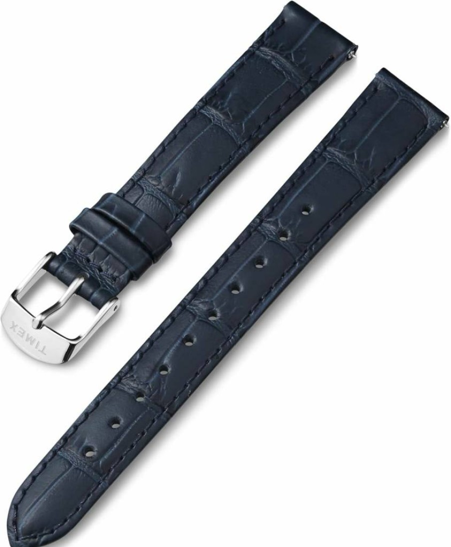 Timex Genuine Leather Watch Strap - 16mm Blue Leather Band with Silver-Tone Buckle for Men & Women