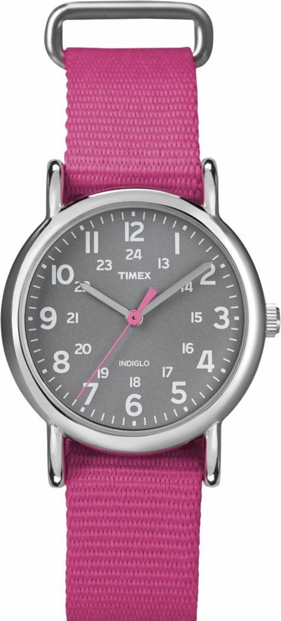 Timex Weekender Women's Mid-Size Watch with Pink Nylon Slip-Thru Strap T2N834