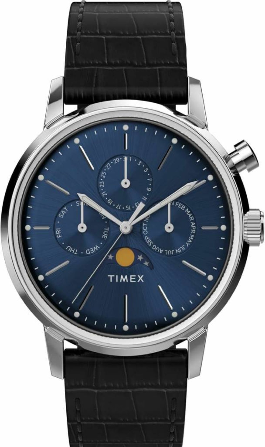 Timex Men's Marlin Moon Phase Watch - 40mm Blue Dial, Black Leather Strap, Stainless Steel Case