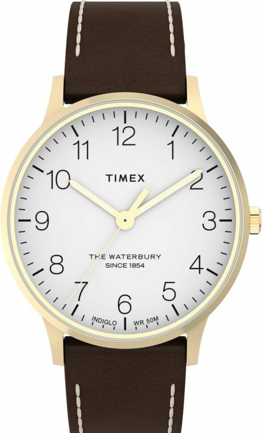 Timex Men's Waterbury Classic 40mm Gold-Tone Watch with Brown Leather Strap & White Dial