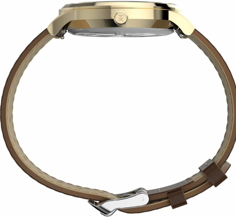 Timex Men's Waterbury Classic 40mm Gold-Tone Watch with Brown Leather Strap & White Dial