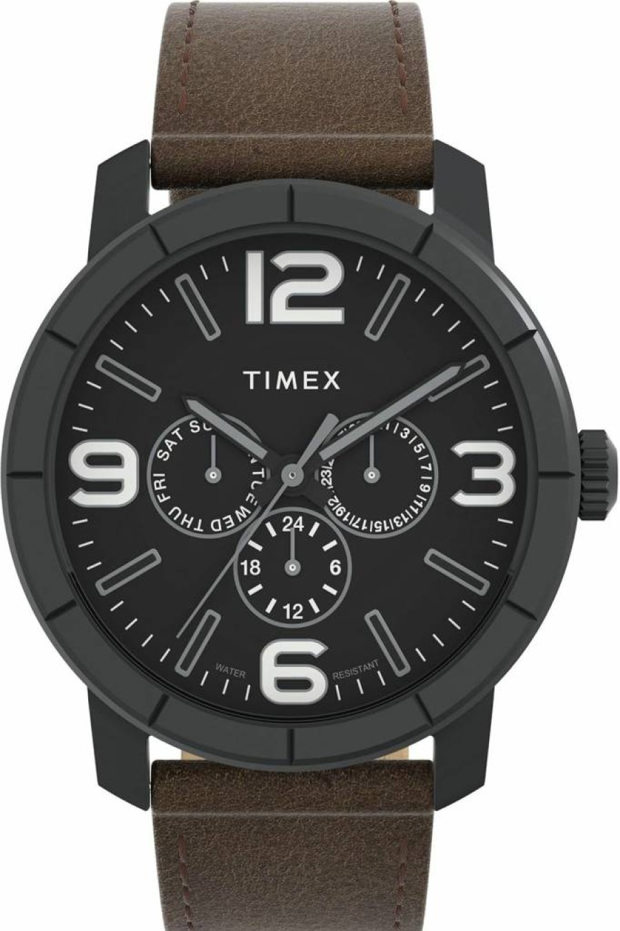 Timex Men's Mod 44mm Brown Leather Strap Black Dial Stainless Steel Case Watch
