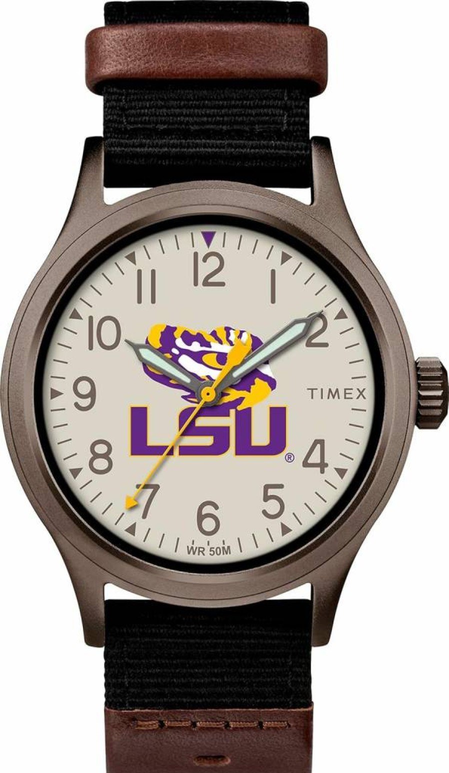 Timex Men's Collegiate 40mm Watch - Alabama Crimson Tide Edition with Black Fabric & Brown Leather Strap