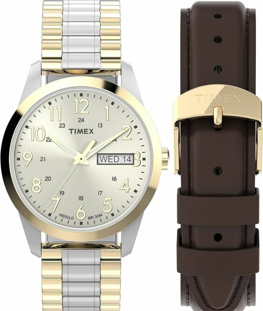 Timex Men's South Street 36mm Sport Watch - Stainless Steel Case, Leather Strap, Analog Display, Water Resistant, Gift Box Included
