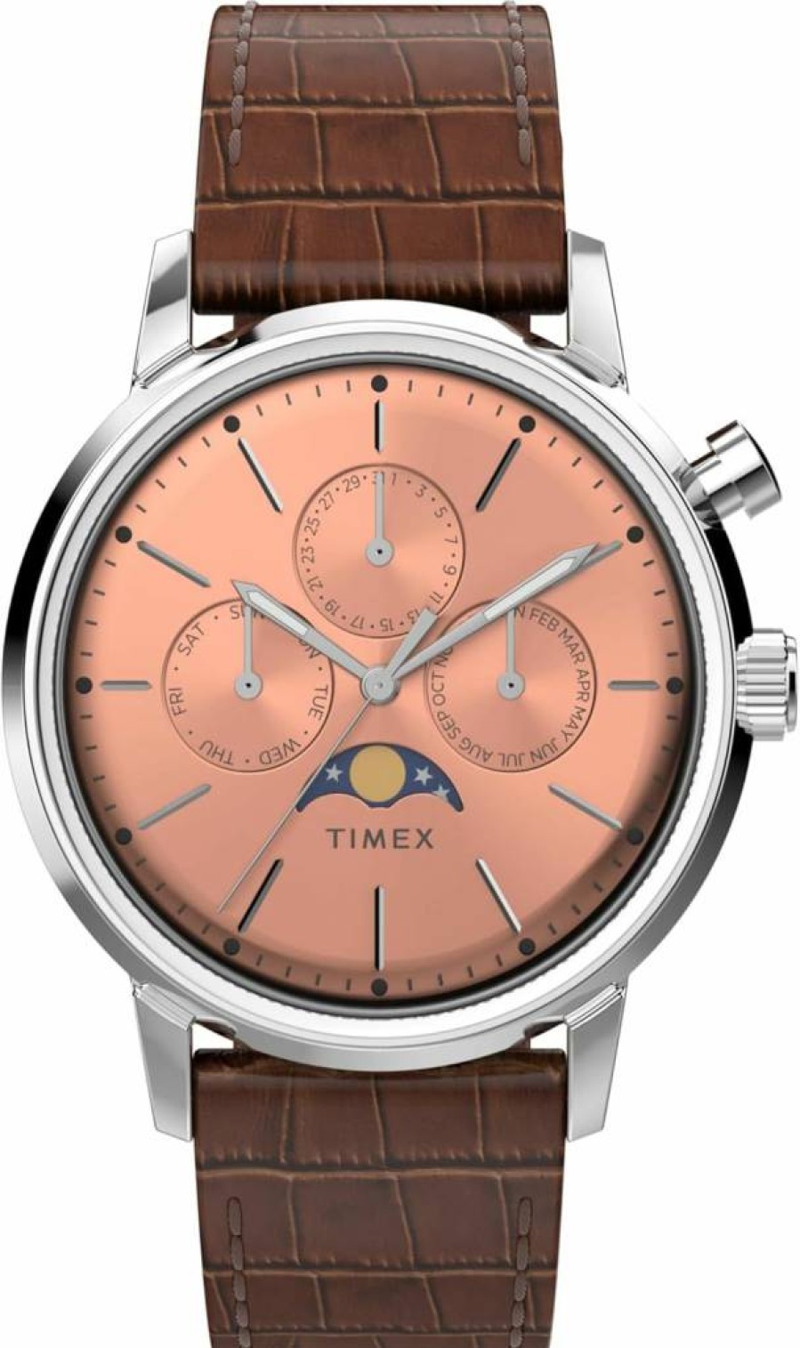Timex Men's Marlin Moon Phase 40mm Rose Gold-Tone Stainless Steel Watch with Brown Leather Strap