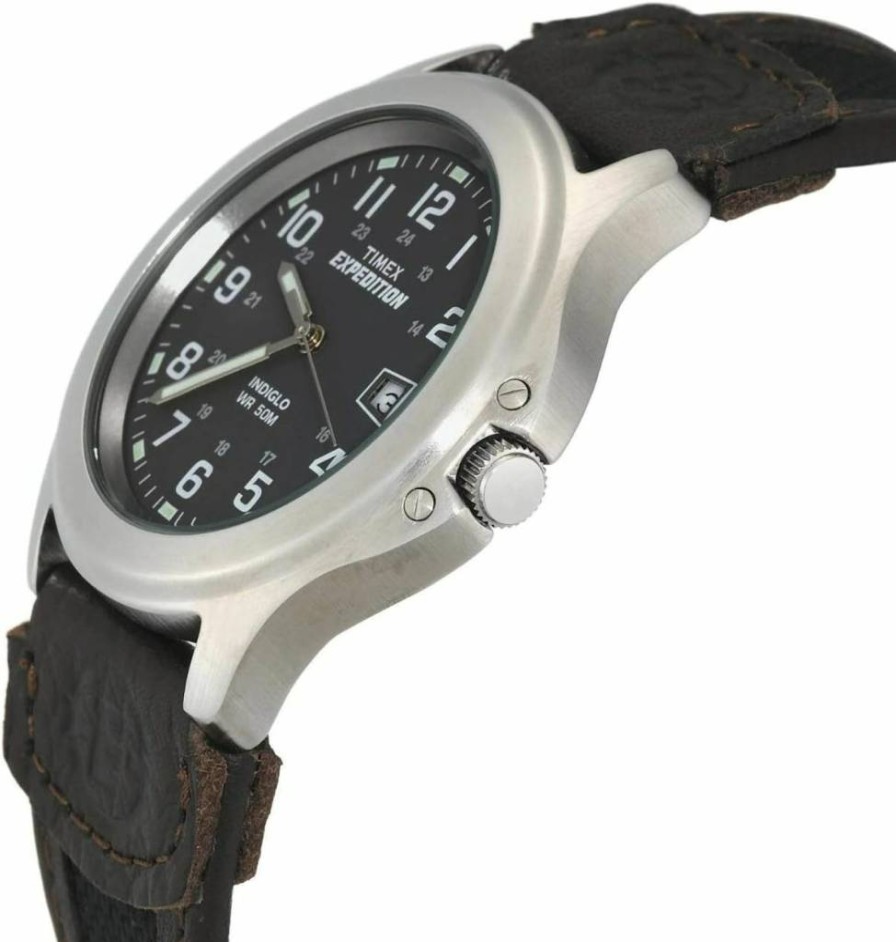 Timex Expedition 39mm Men's Analog Watch with Brown Leather Strap, Indiglo Backlight, Luminous Hands, 24-Hour Display, Date Function, 50M Water Resistance - Rugged Outdoor Watch